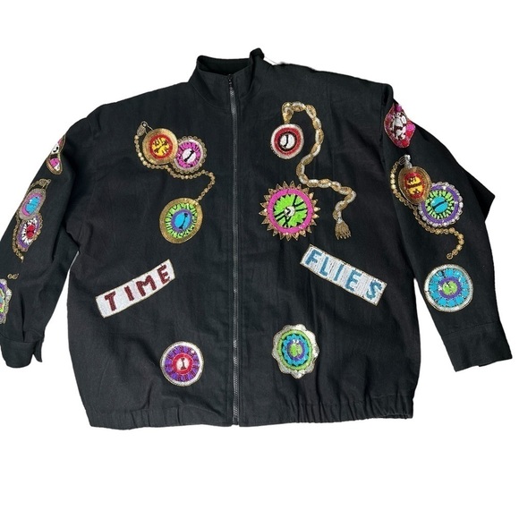 VINTAGE MODI DENIM Black Sequined Time Flies Jacket Coat Women's M 8-10 - Picture 12 of 17